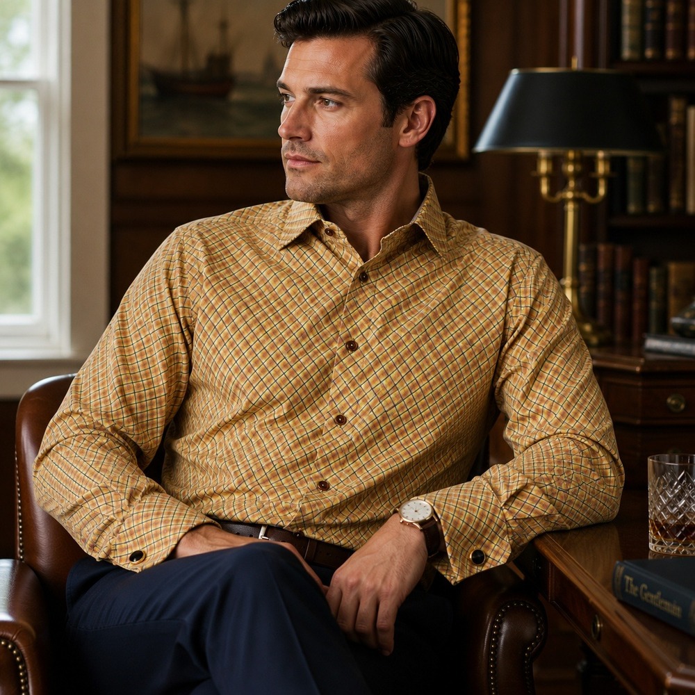 Robert Talbott Carmel Plaid Dress Shirt Yellow Windowpane French Cuff Men's‎ L
